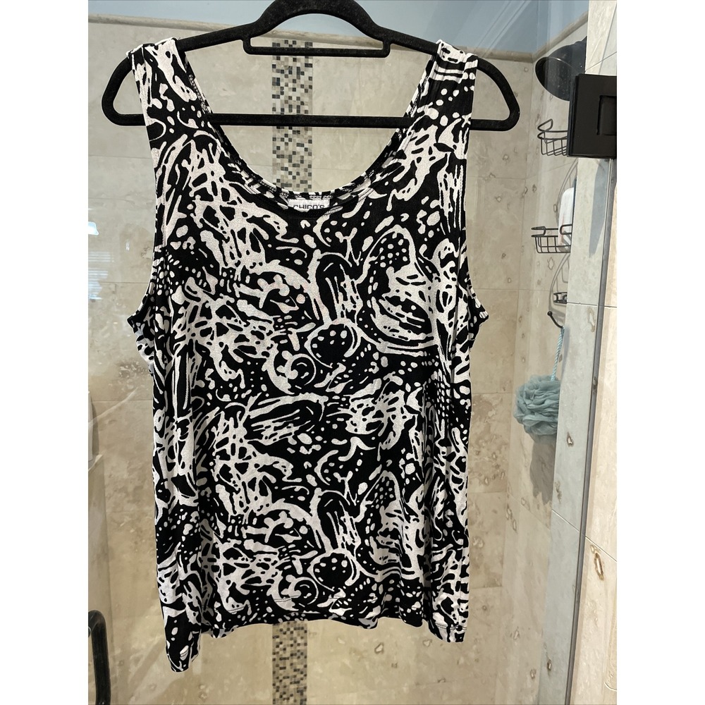 Chico's Travelers Size 3 XL Tank Shell Top Blouse Black White Print Fall